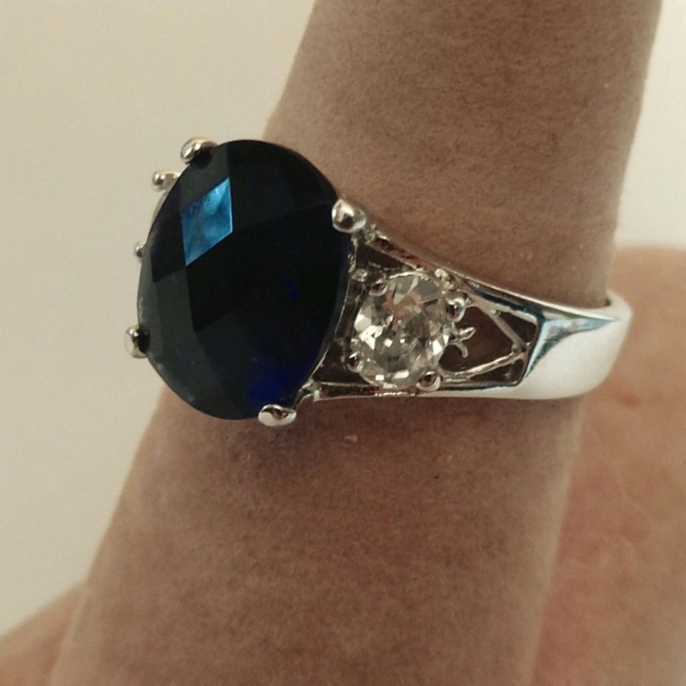 💍Dark Sapphire Stone 925 Sterling Silver Ring Cushion Cut + Accent Stones  Sz 9